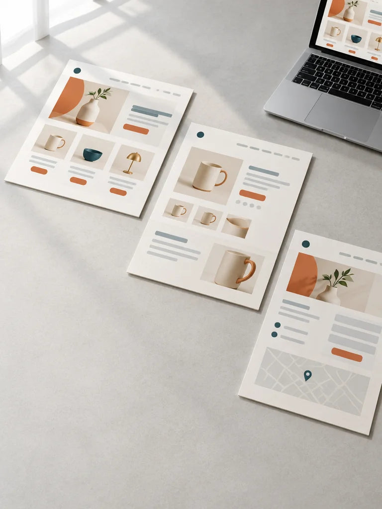 A photograph of three separate page mockups printed on thick off-white paper, arranged as a clear se