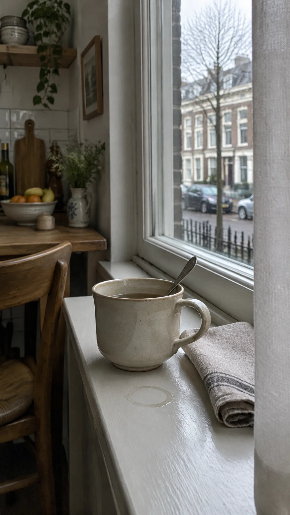 A portrait photograph of a cream ceramic cup resting beside a folded linen napkin on a narrow kitche