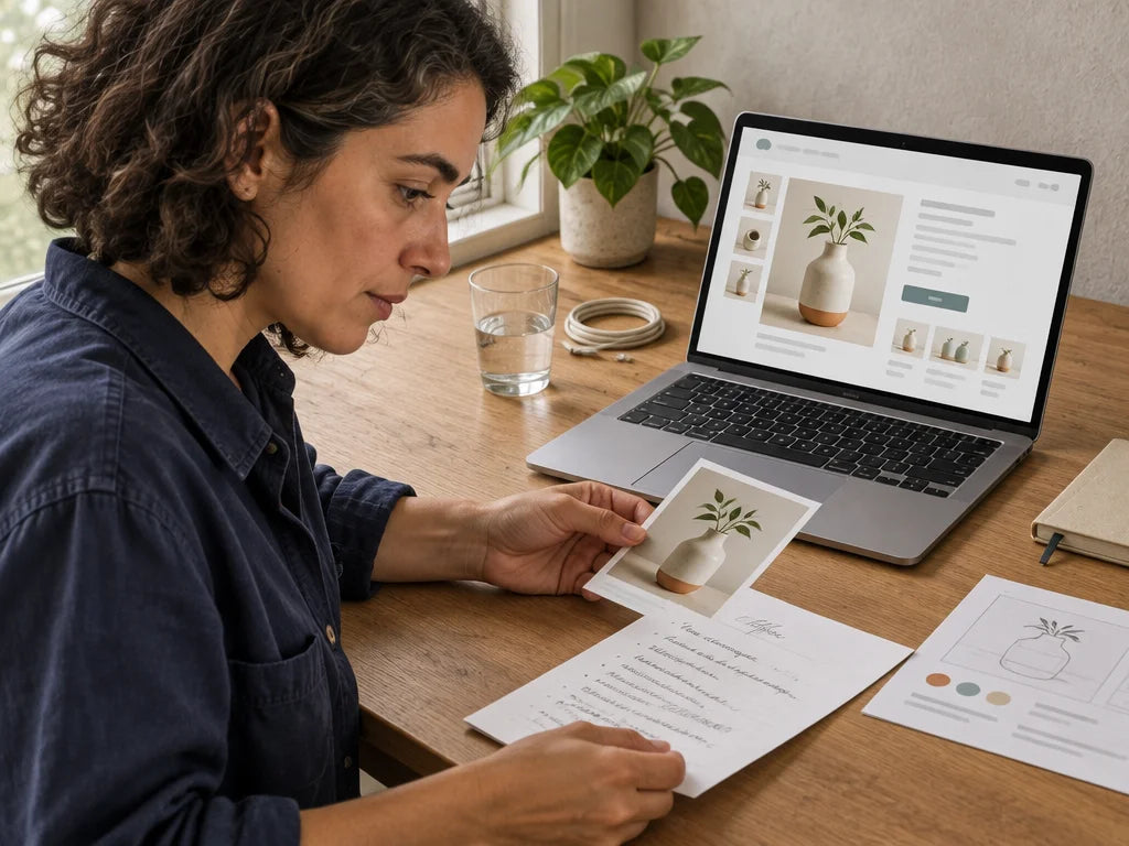 A photograph of a silver laptop showing a clean storefront page, alongside the real working material