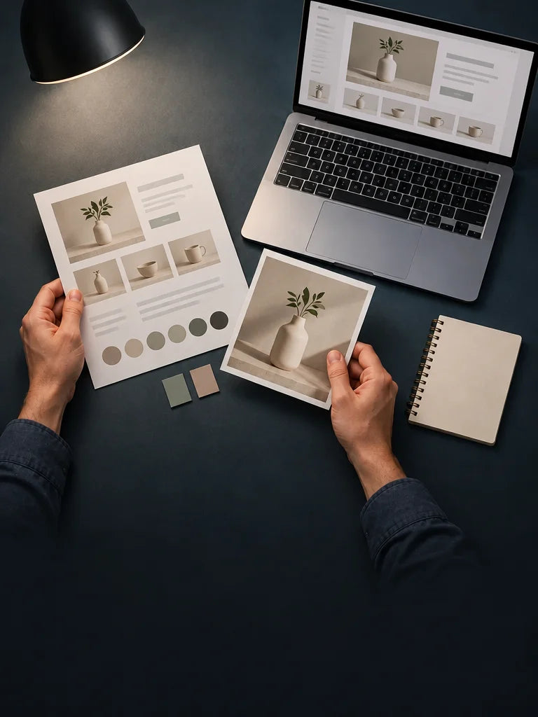 Keep the exact same overhead composition, charcoal-blue sleeves, silver laptop, deep blue-gray desk,