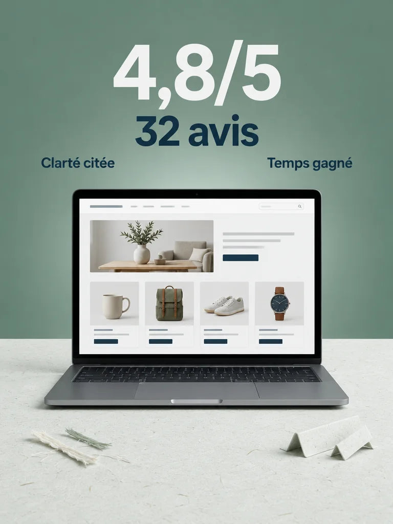 A graphic poster built around an open laptop showing a finished, unbranded ecommerce storefront, its