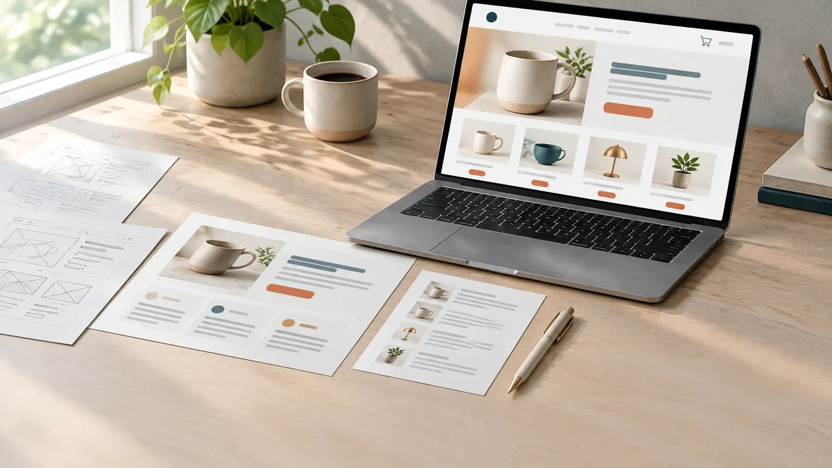 A wide photograph of a product page draft on a laptop beside several handwritten notes being turned