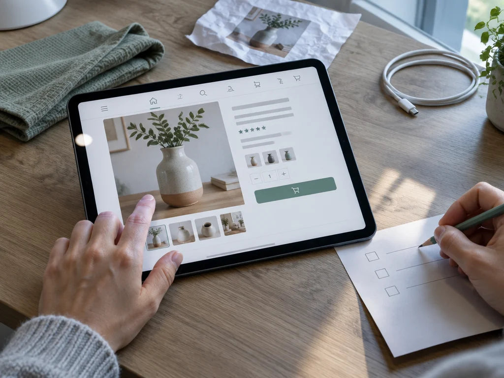 Photograph from a close, slightly raised angle over a tablet on a cluttered home worktable in late a