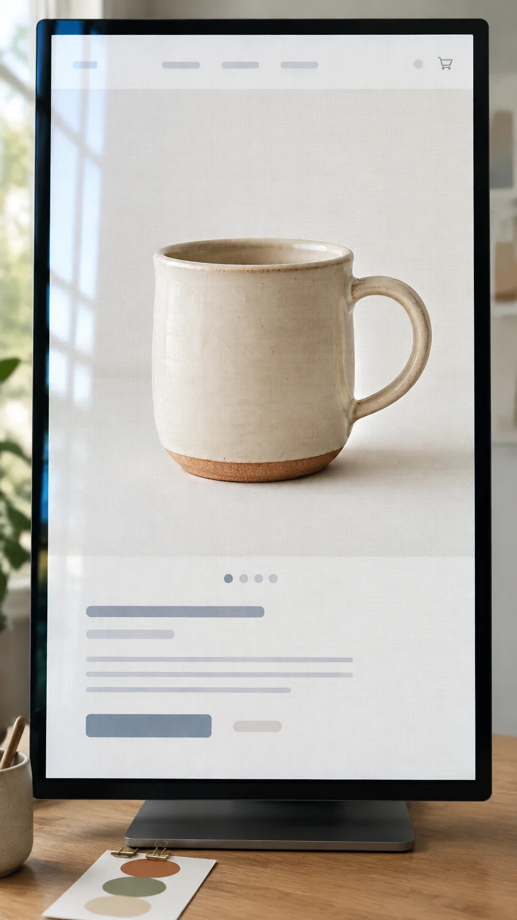 A portrait photograph of a storefront displayed on a large upright monitor: one simple product page