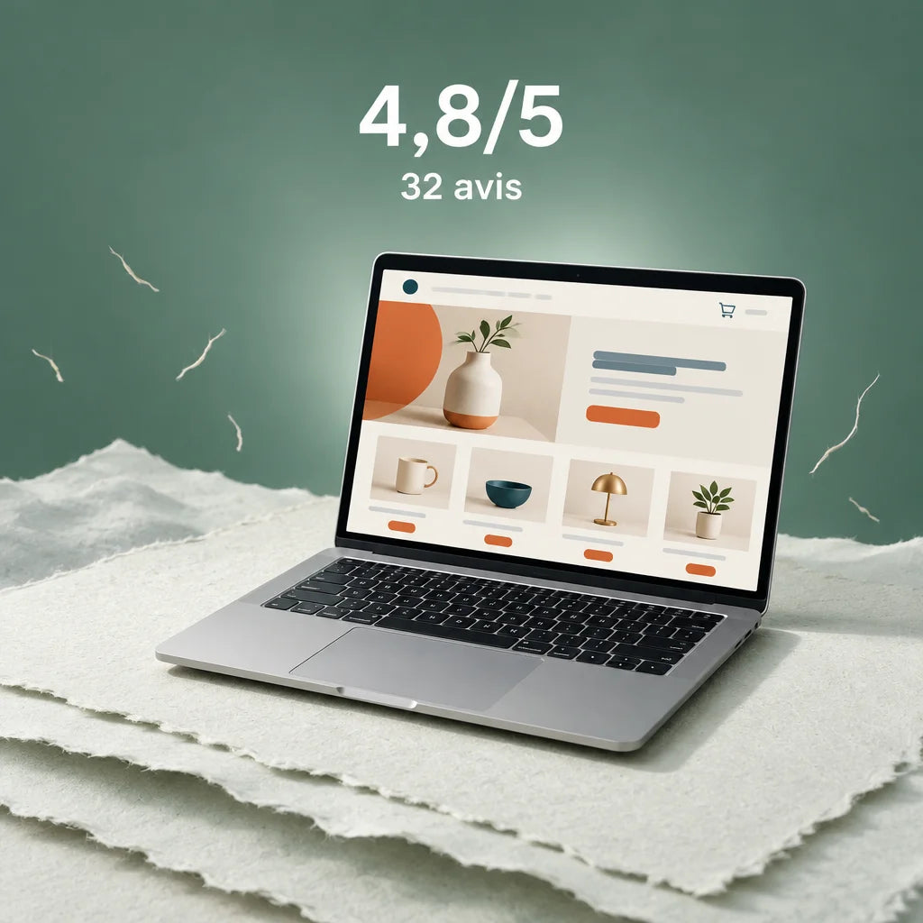 A constructed studio photograph of an open silver laptop showing a clear storefront page, its produc