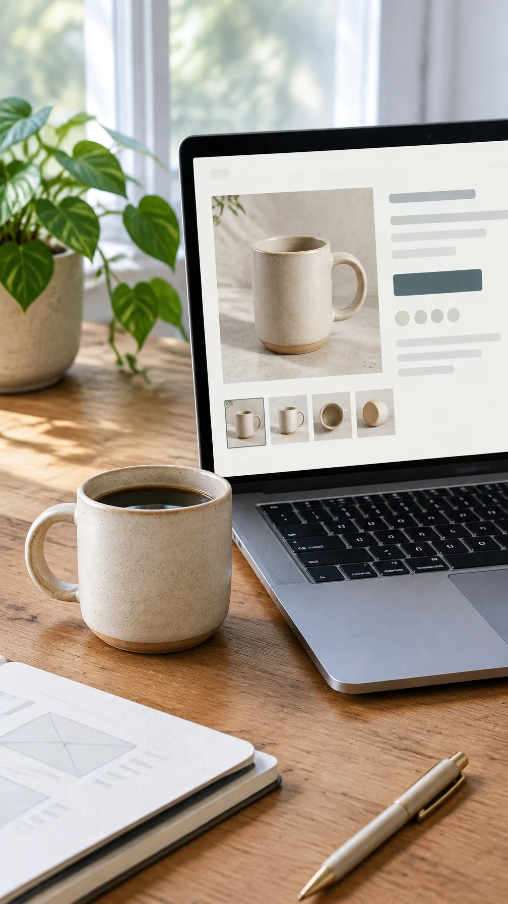 A portrait photograph of a silver laptop screen showing a product page for one cream ceramic cup, wi