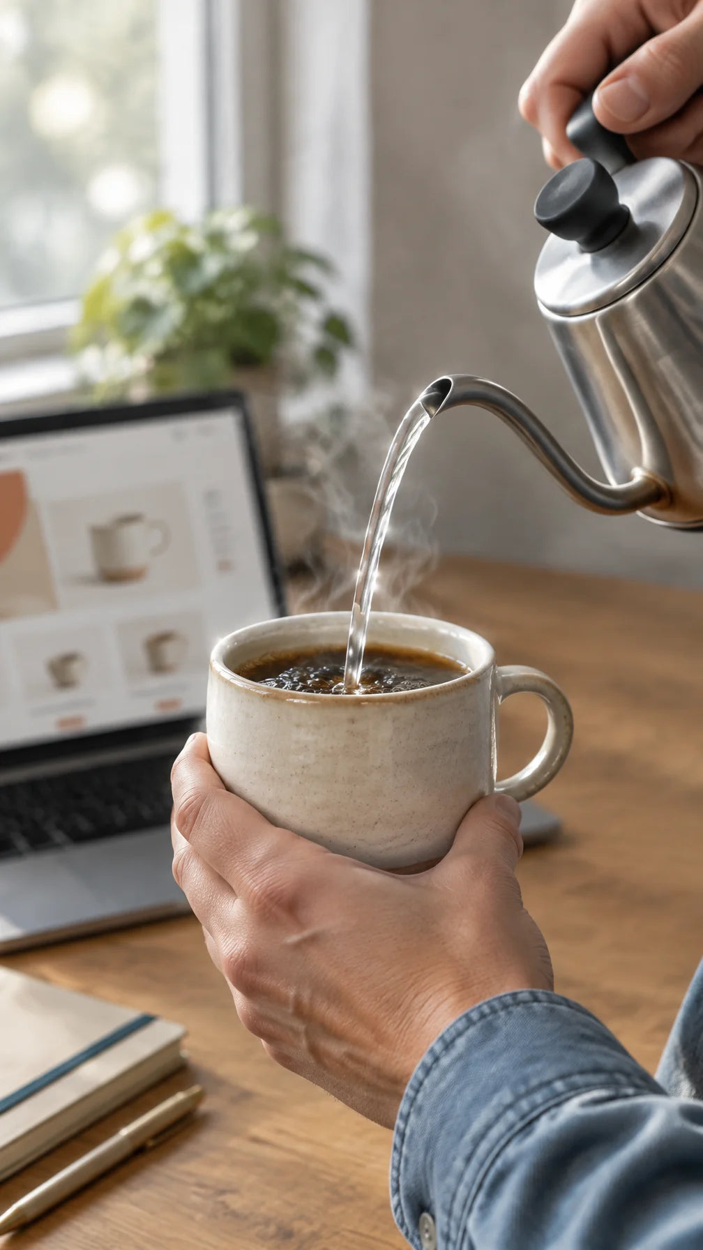 A close portrait photograph of two hands holding a cream ceramic cup while hot water is poured from