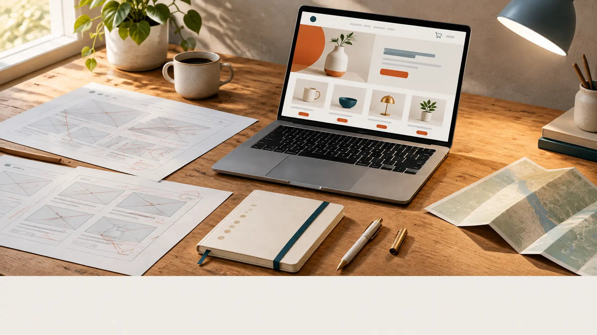 A wide photograph of a worktable with an unfinished storefront open on a laptop, several crossed-out