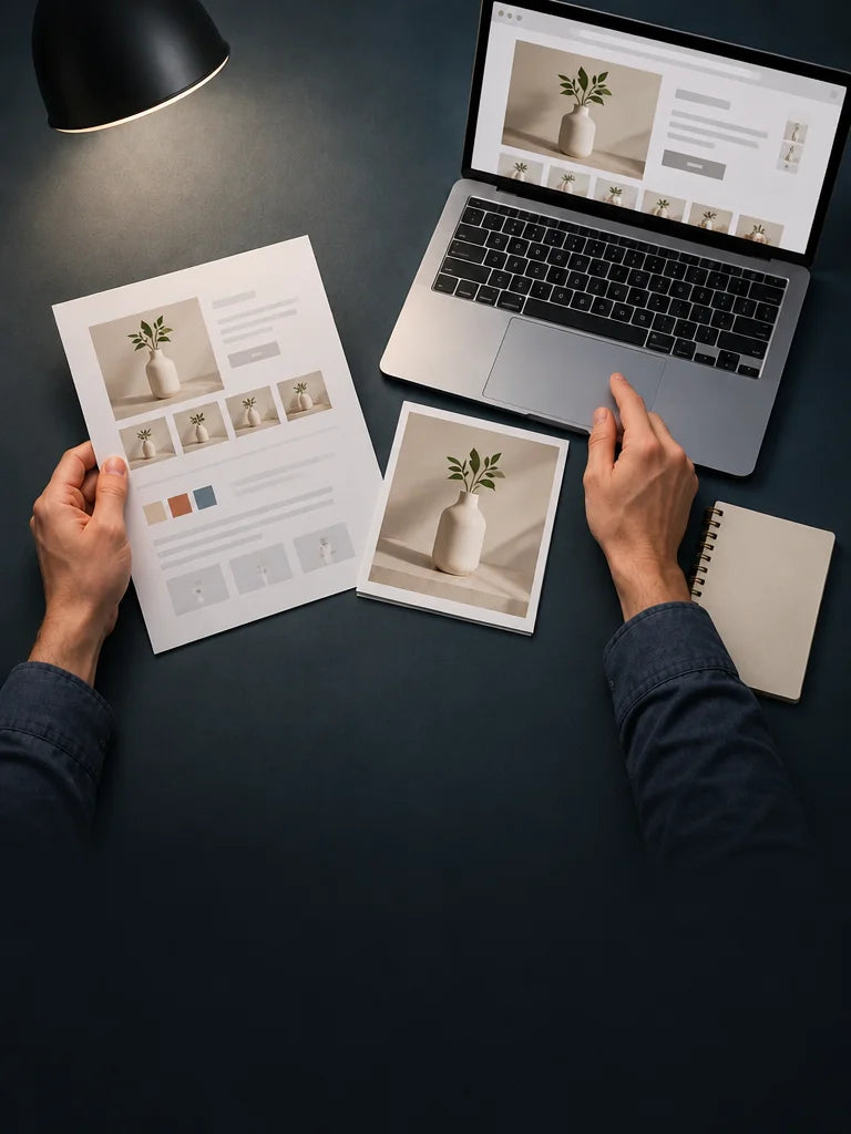 Keep the exact same overhead composition, charcoal-blue sleeves, silver laptop, deep blue-gray desk,