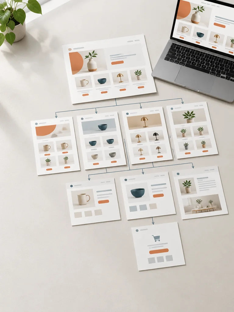 A close overhead photograph of a tidy Shopify-store page map made from real pale paper sheets, with