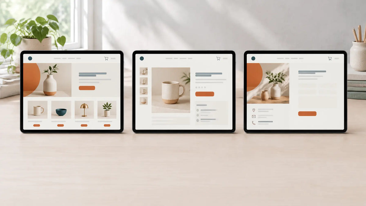 A wide photograph of three distinct small screens arranged in a row on a light desk, each showing a