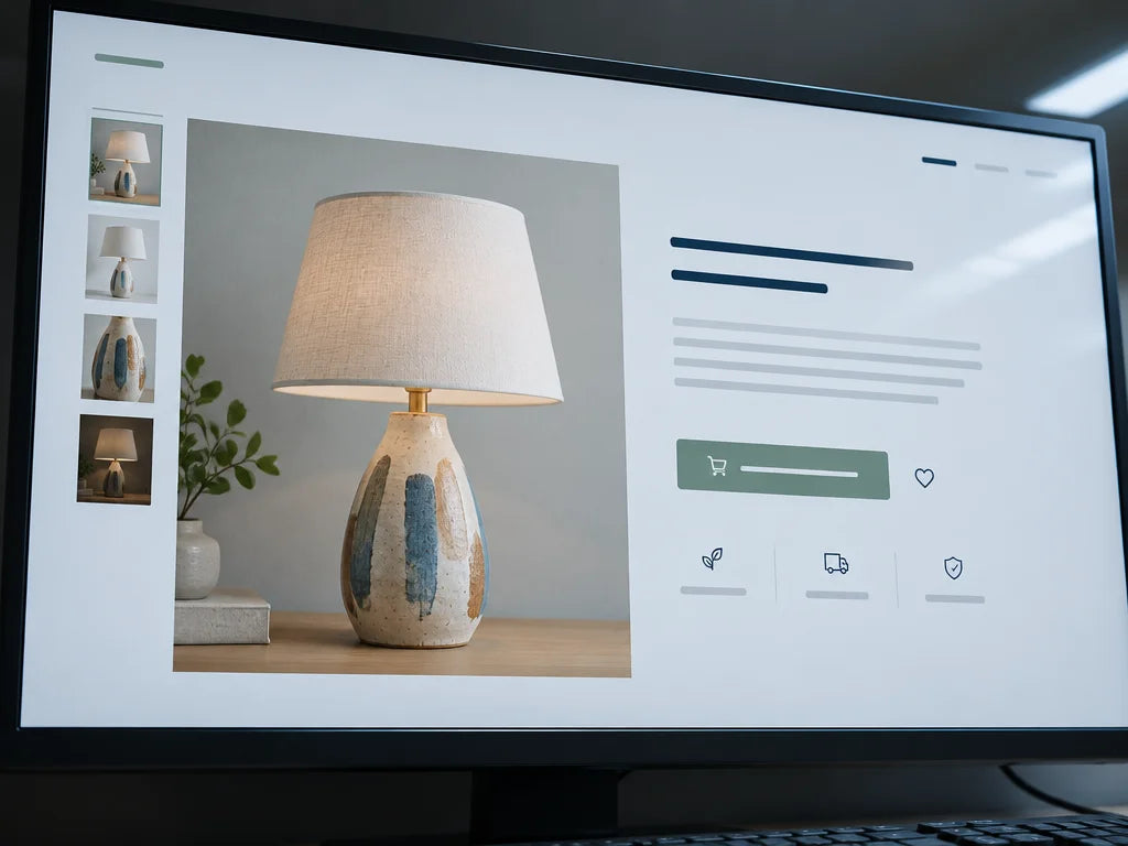 Photograph a wide, tight crop of a large desktop monitor, viewed a little from below and off to the