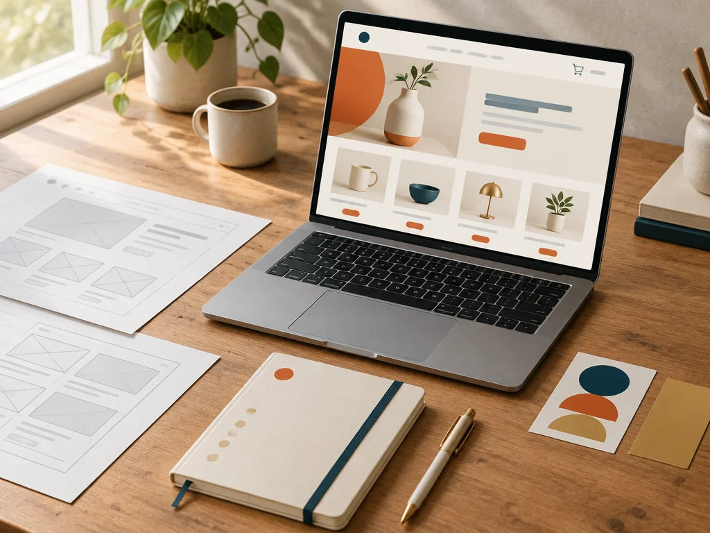 Ordinateur affichant une boutique e-commerce en construction avec des wireframes et un carnet de stratégie