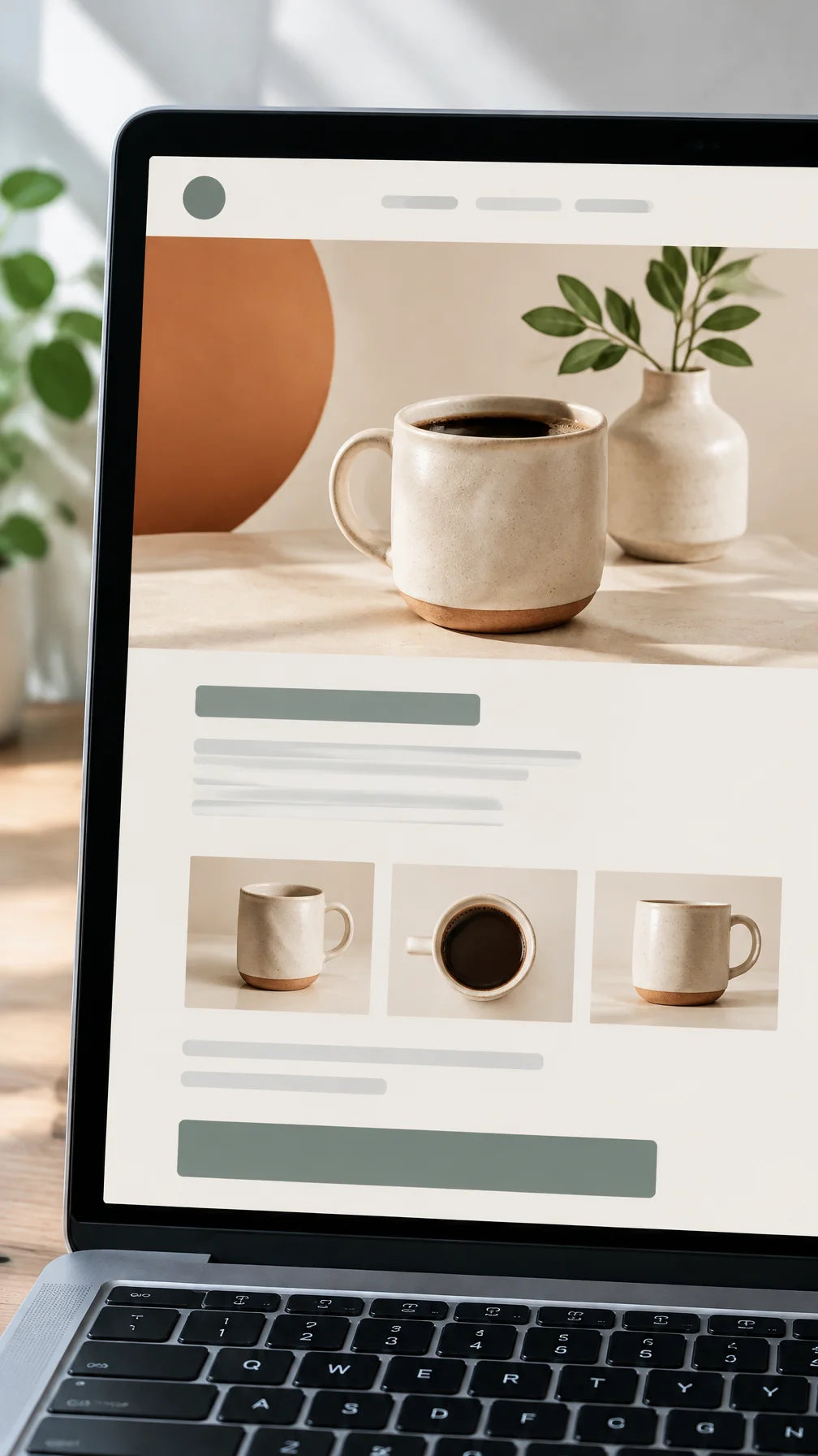 A portrait close-up of a silver laptop screen showing the same ceramic-cup storefront page from top