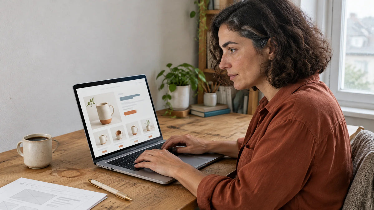 A photograph of an open silver laptop with a black keyboard and a storefront page on screen, matchin