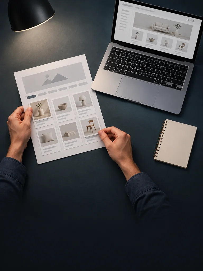 Keep the exact same overhead composition, charcoal-blue sleeves, silver laptop, deep blue-gray desk,