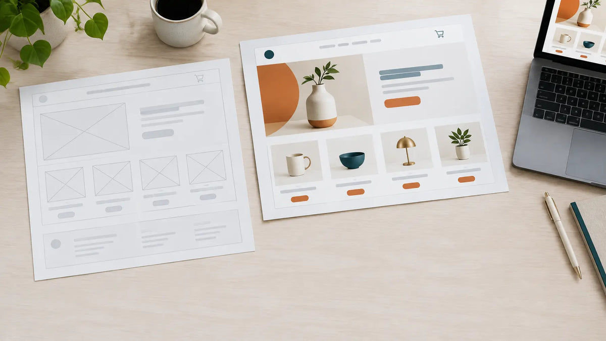 A wide photograph of two paper storefront layouts lying side by side on a pale desk: at right, a cle