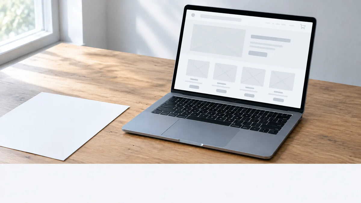 A wide photograph of a laptop on a bare worktable with an almost-empty storefront theme on screen: a